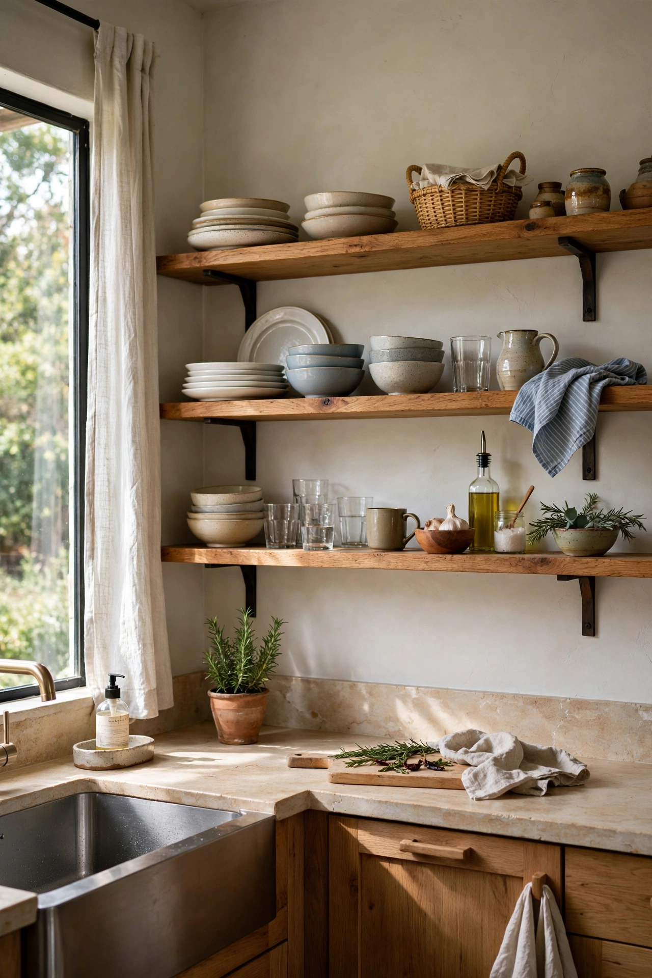 Kitchen with open shelving instead of upper cabinets