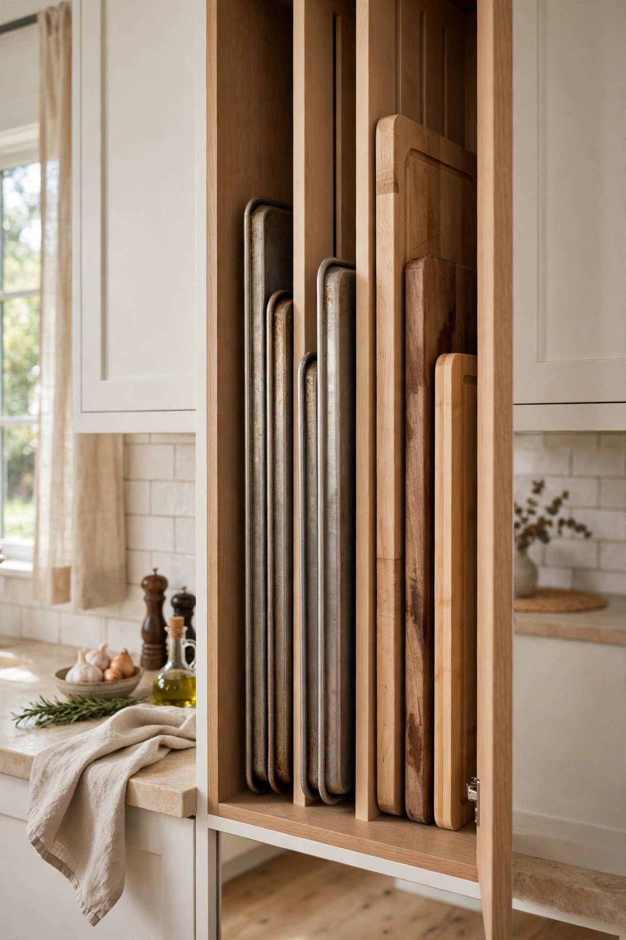 Kitchen with vertical baking sheet storage