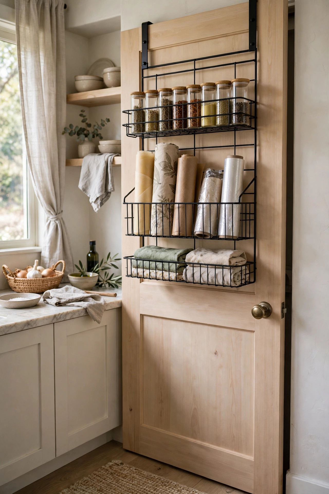 Kitchen with an over-door rack