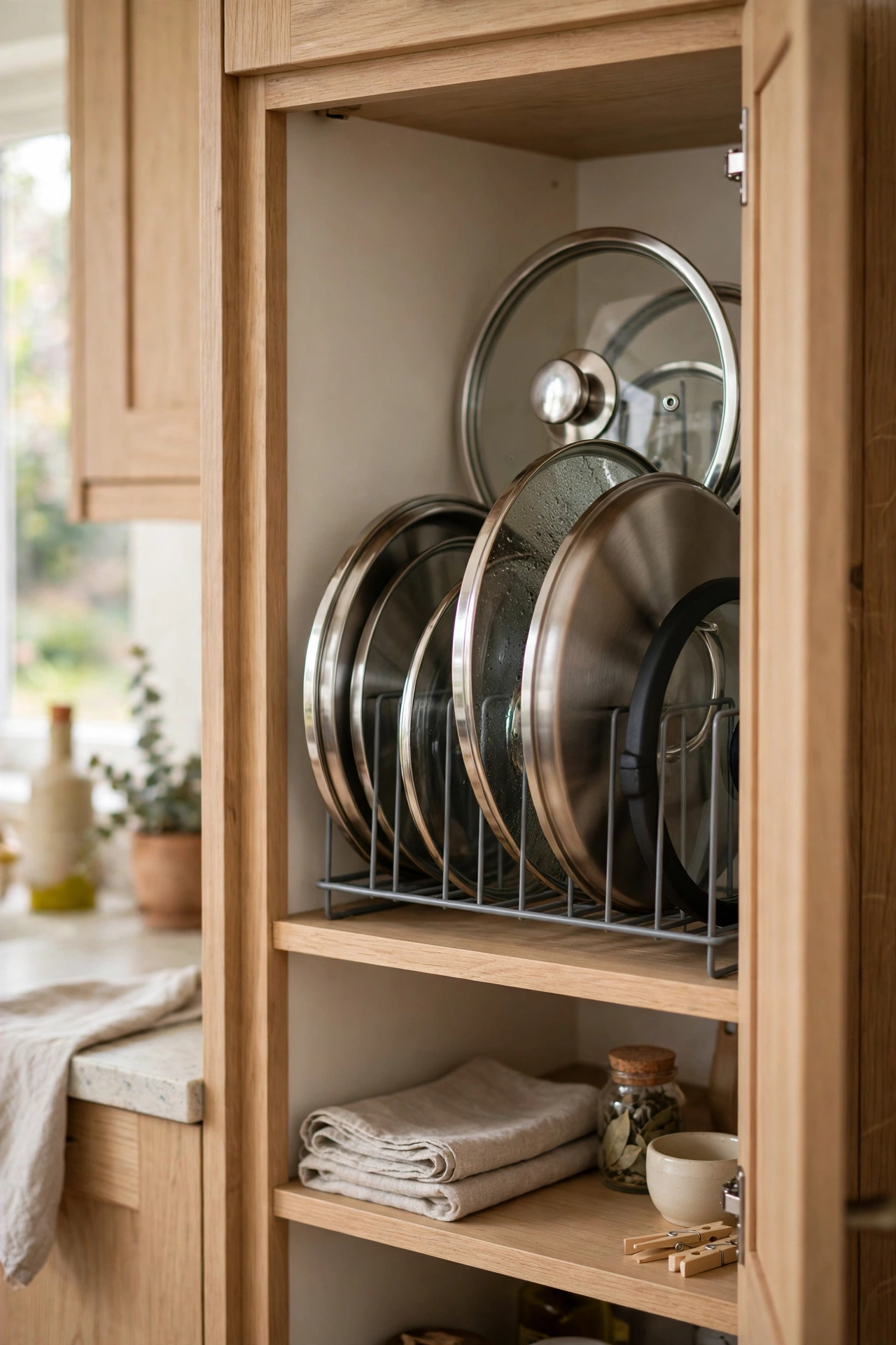 Kitchen with a pot lid organizer