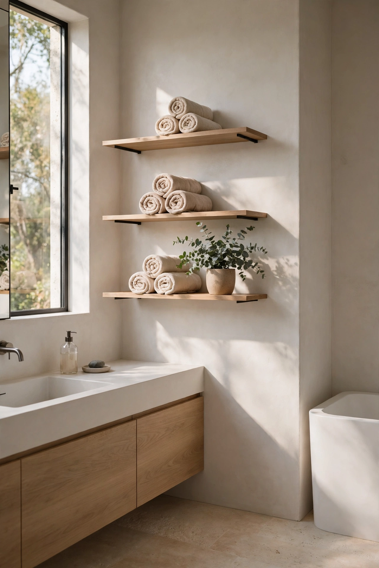 Modern bathroom with minimalist open shelving