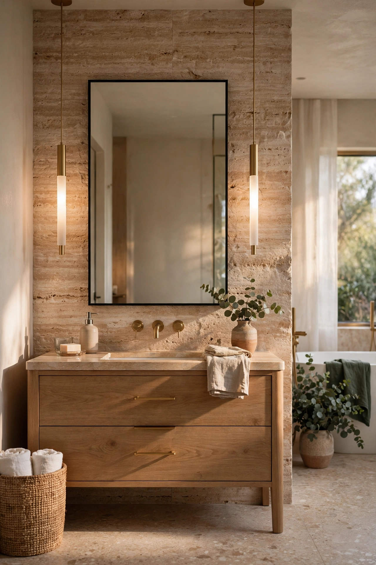 Modern bathroom with statement pendant lights