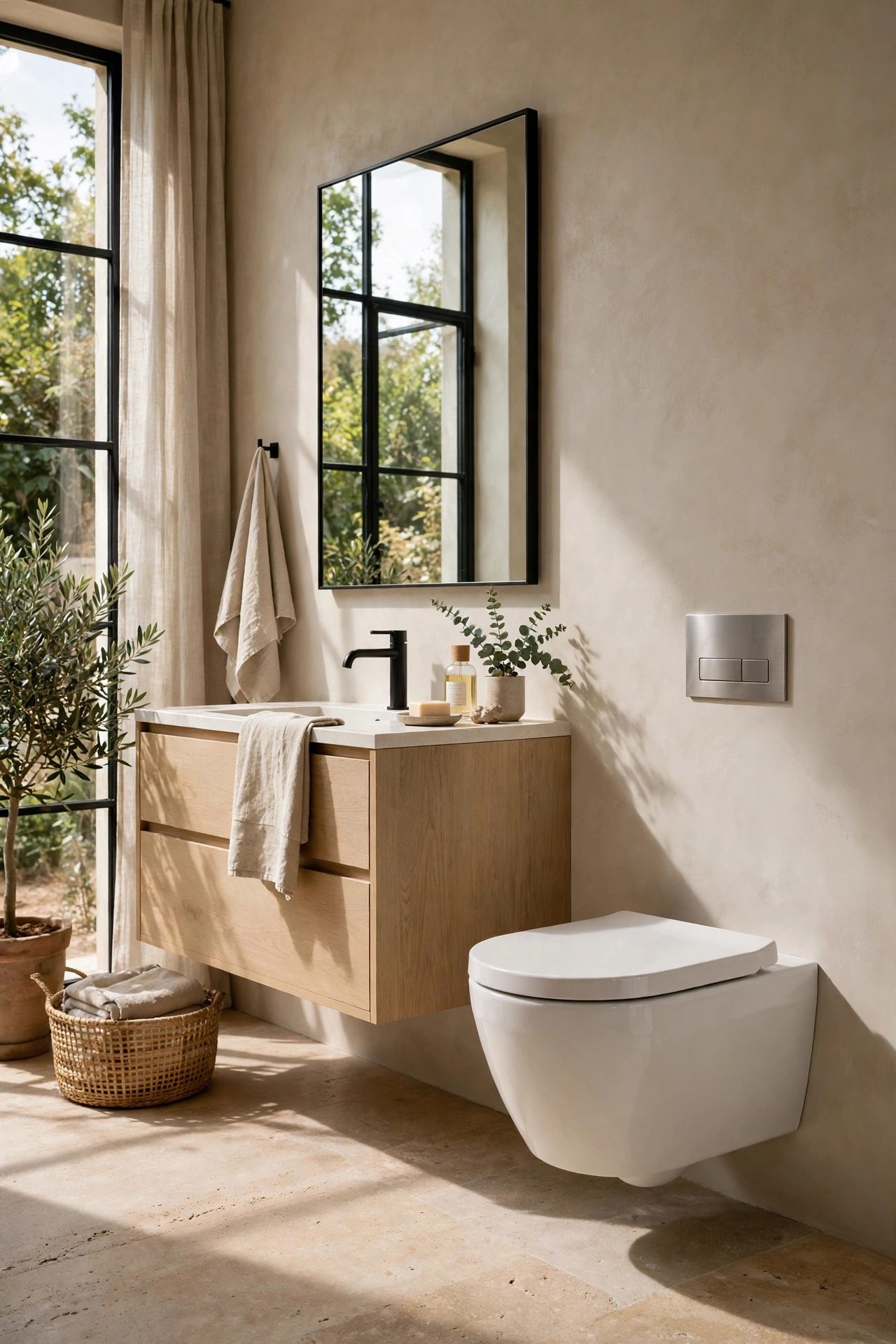 Modern bathroom with a wall-hung toilet