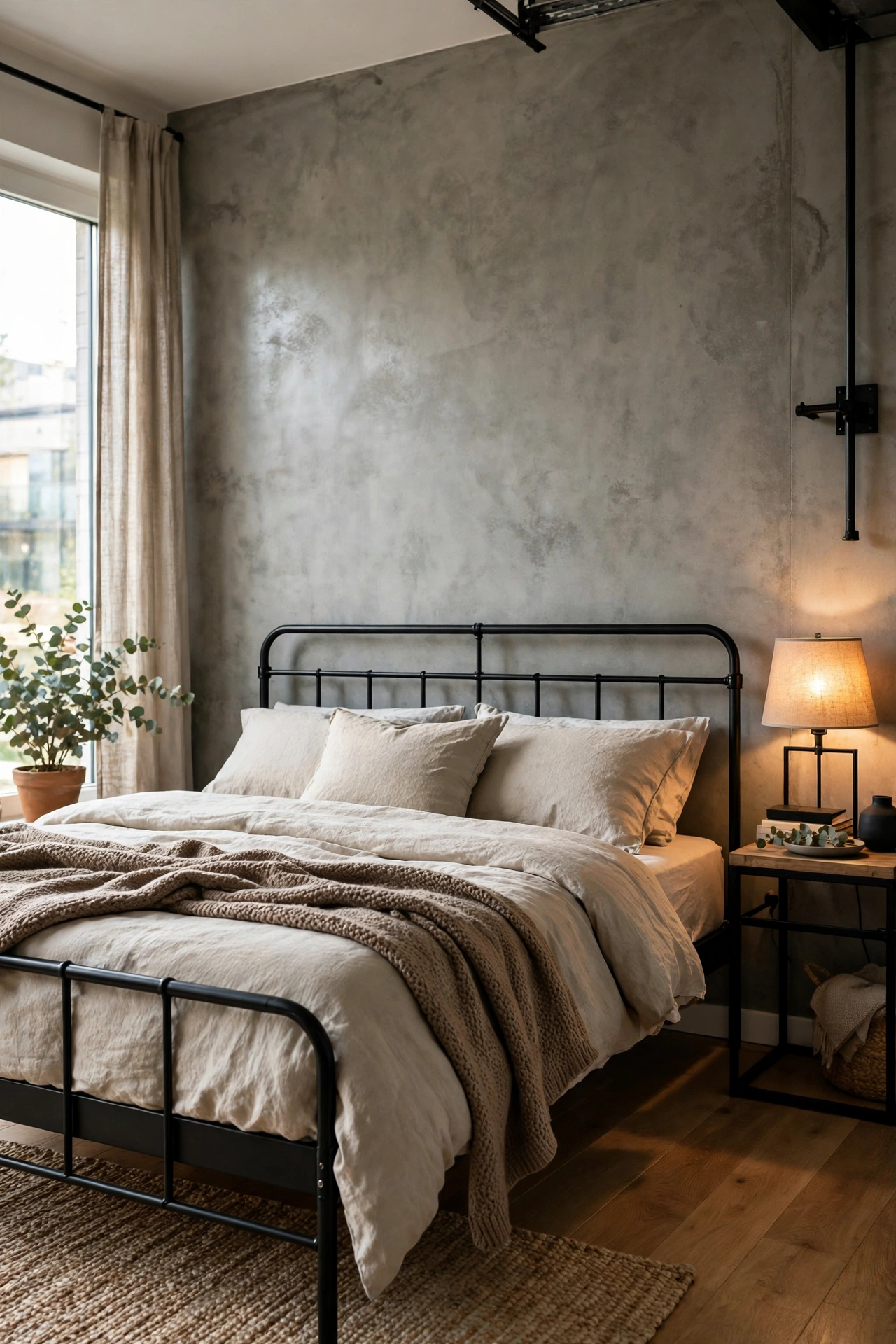 Modern bedroom with concrete and metal accents