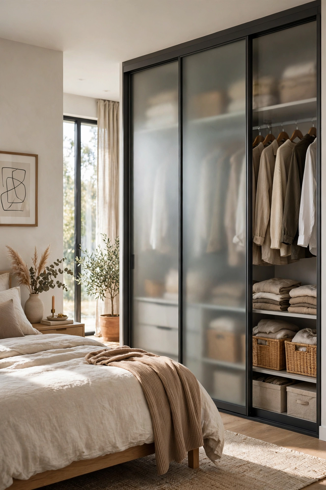 Modern bedroom with glass wardrobe doors