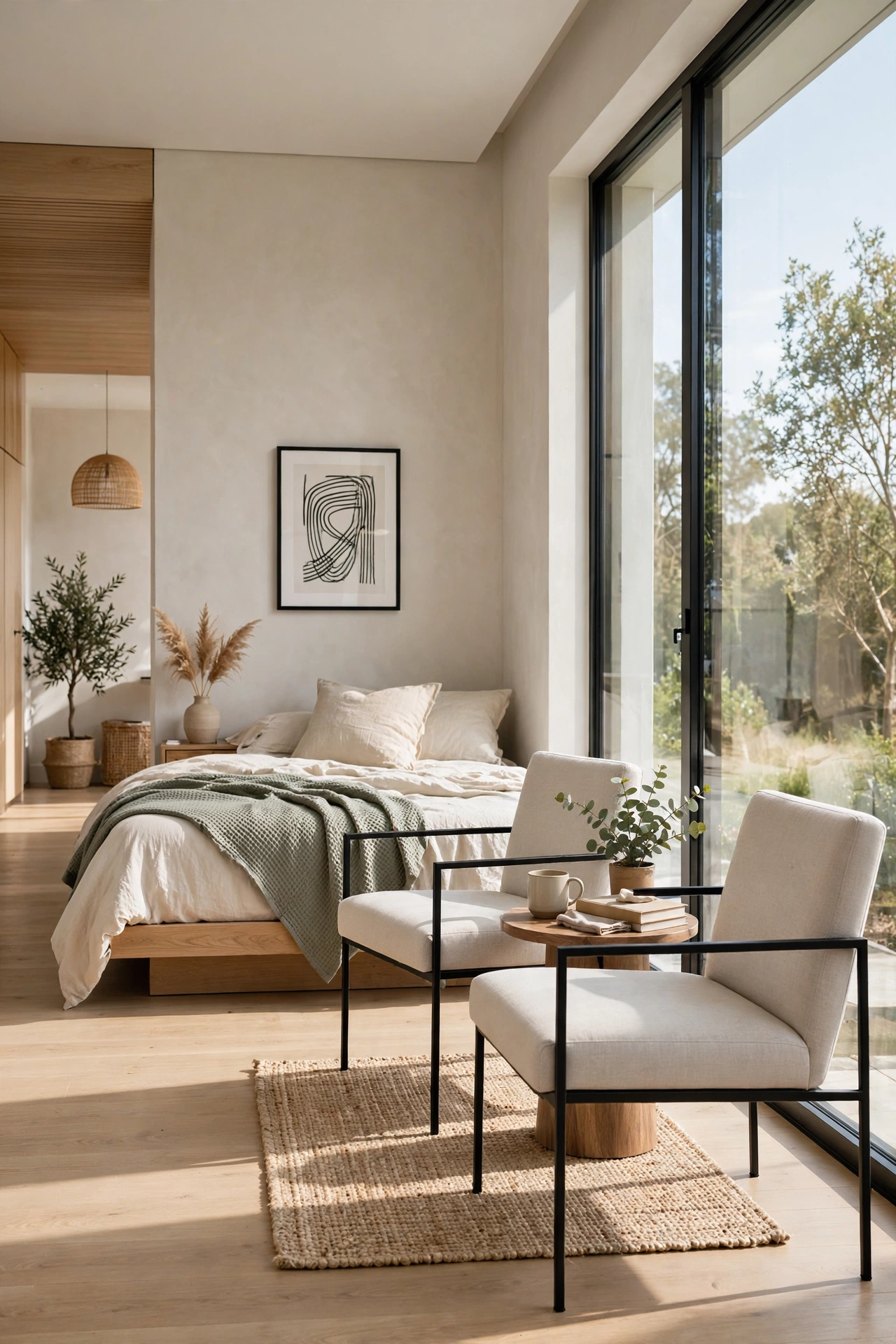 Modern bedroom with an open layout and sitting area
