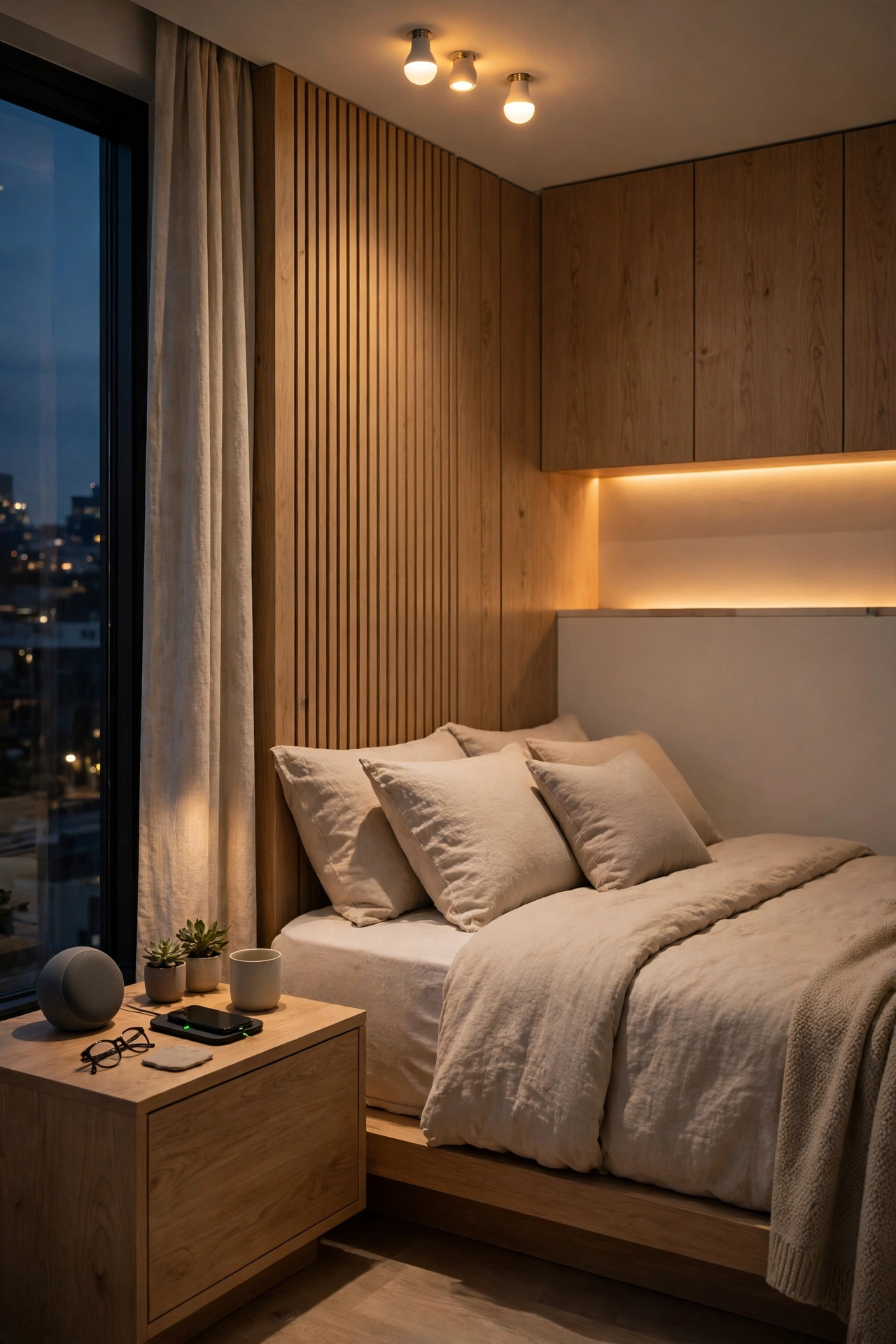 Modern bedroom with smart lighting and tech integration
