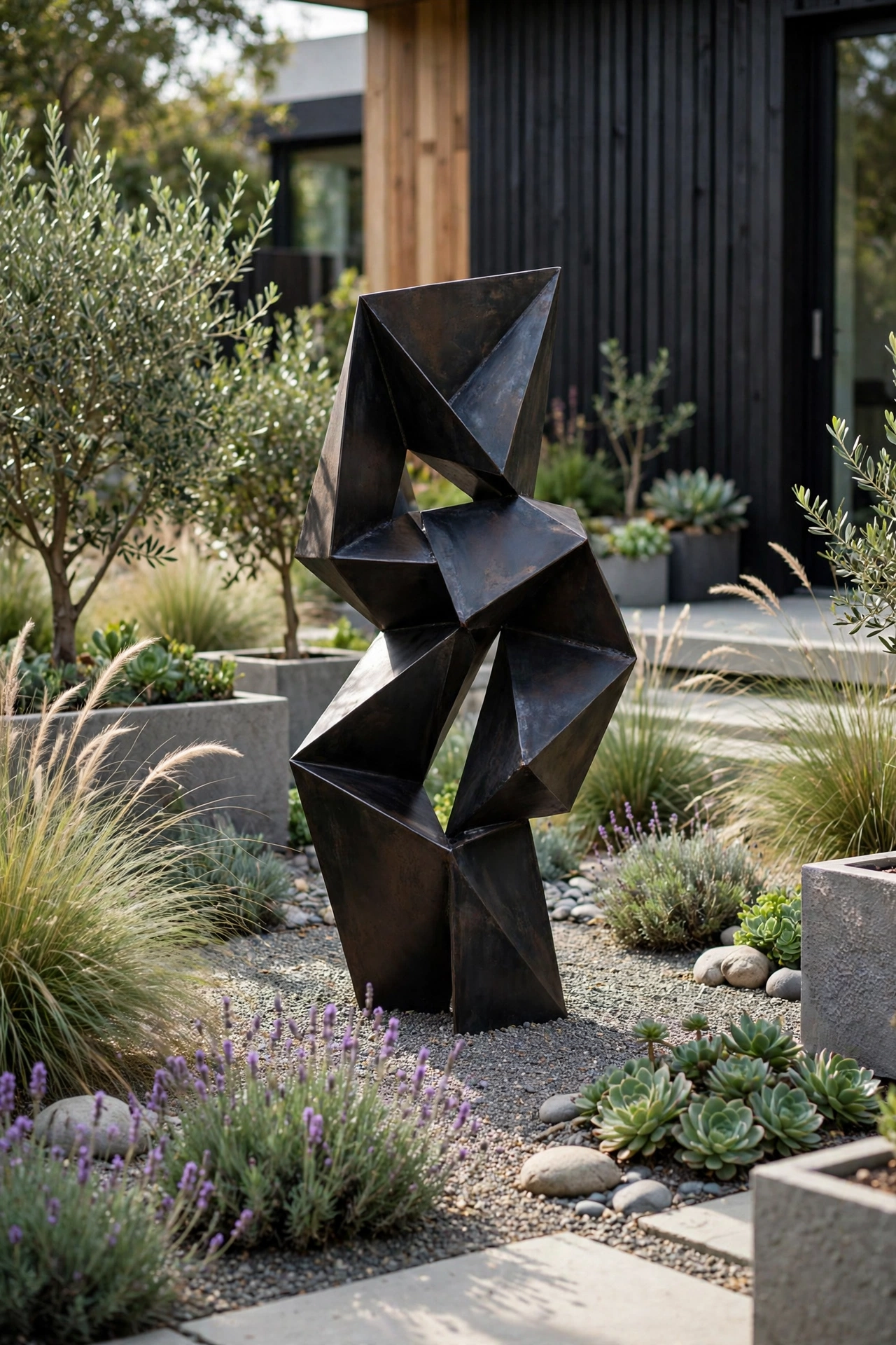 Modern garden with sculptural art