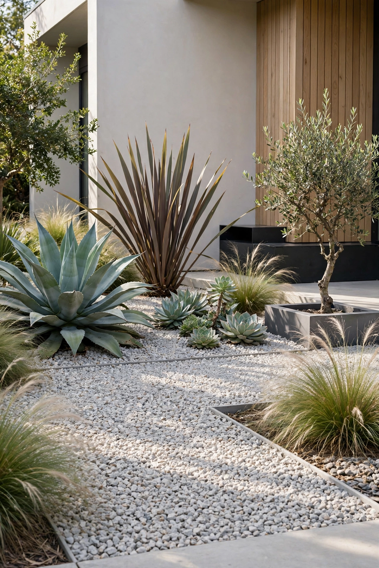 Modern garden with gravel ground cover