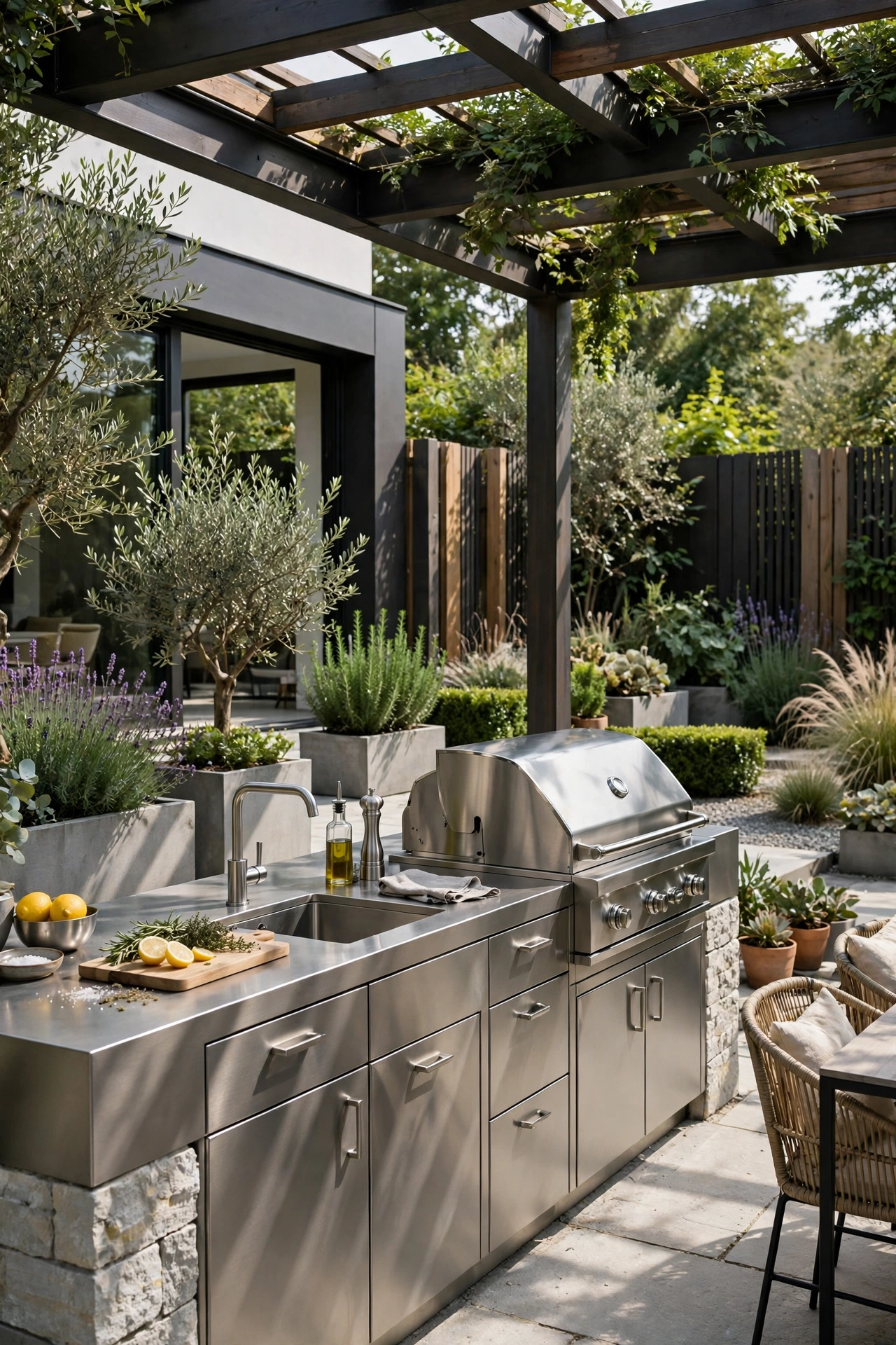Modern garden with an outdoor kitchen