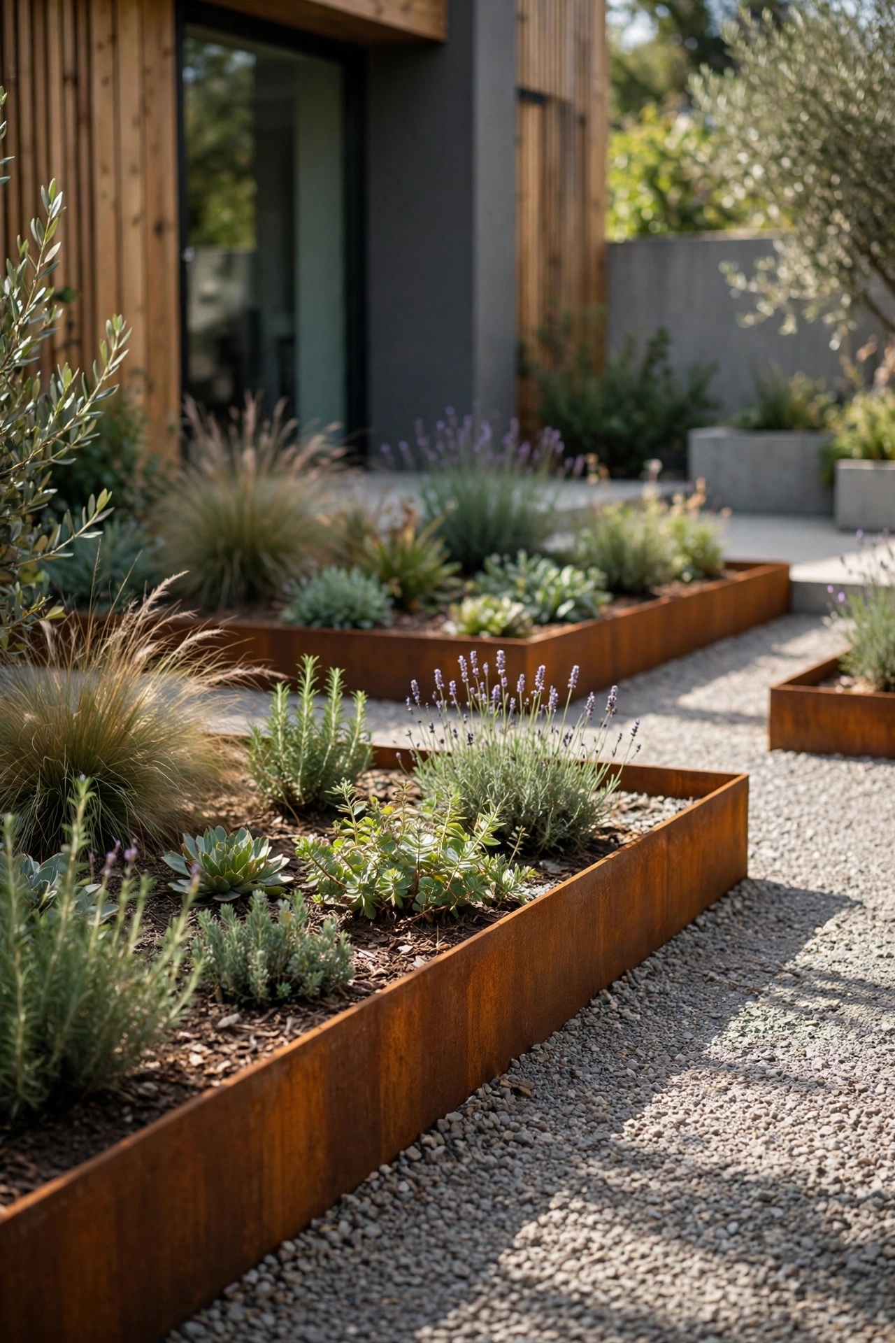 Modern garden with steel edging
