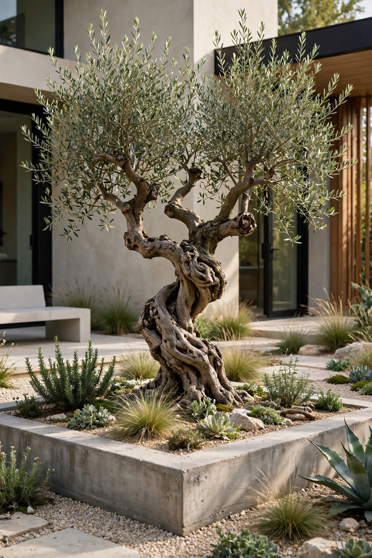 Modern garden with sculptural trees