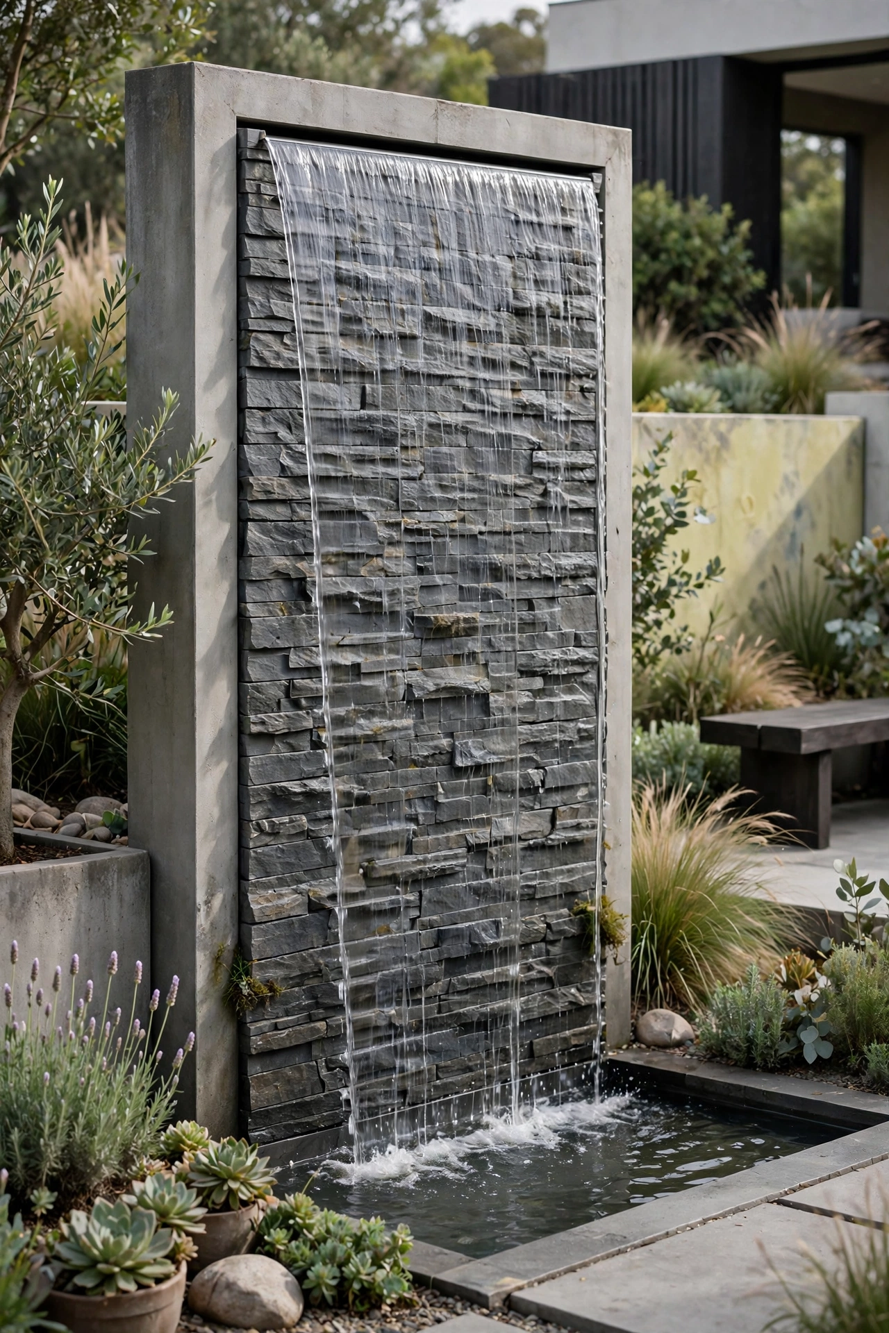 Modern garden with a water wall