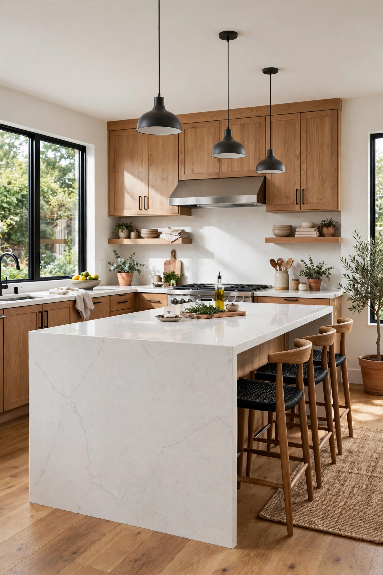 Modern kitchen with a waterfall island