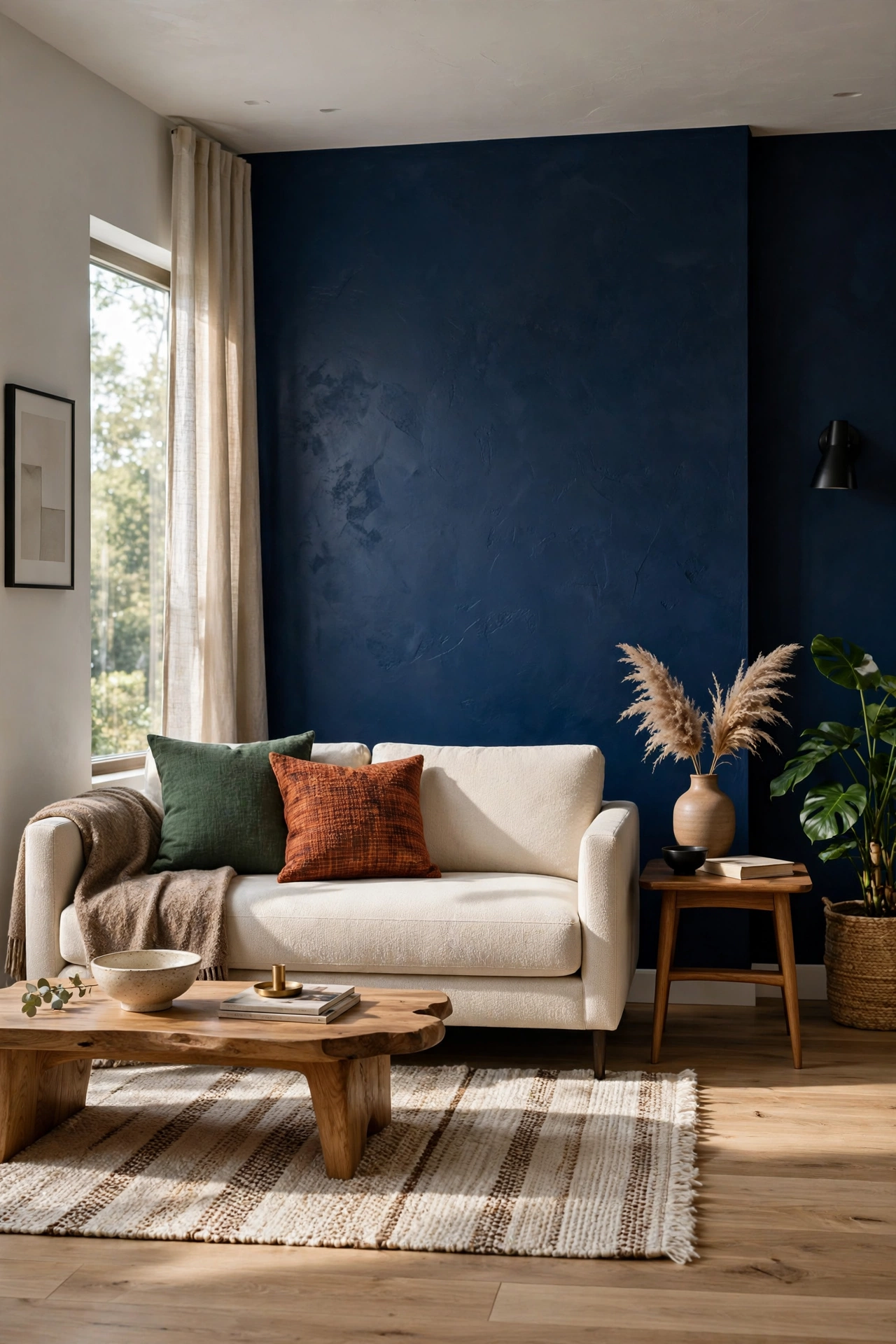Modern living room with a bold accent wall
