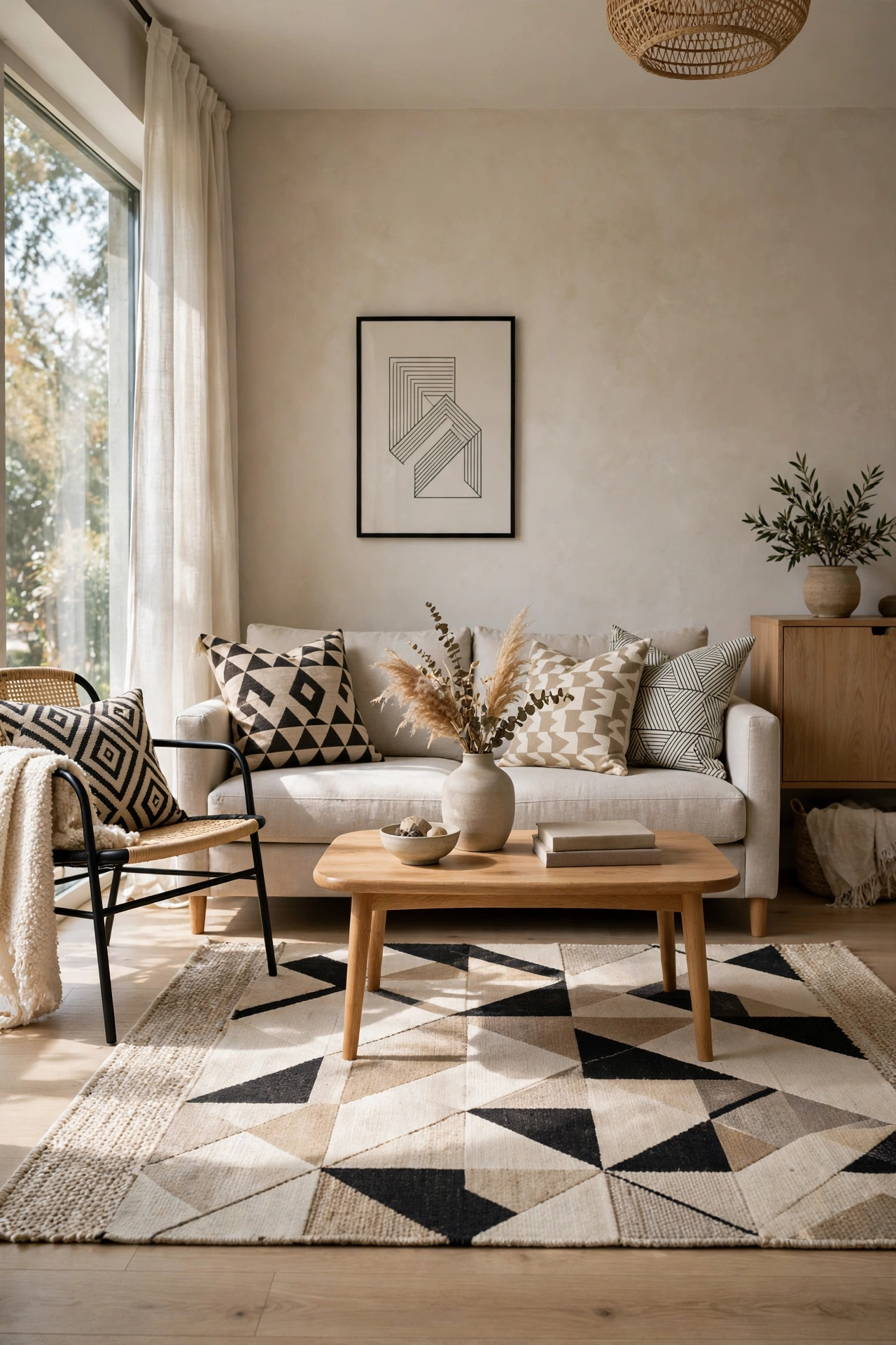 Modern living room with geometric patterns
