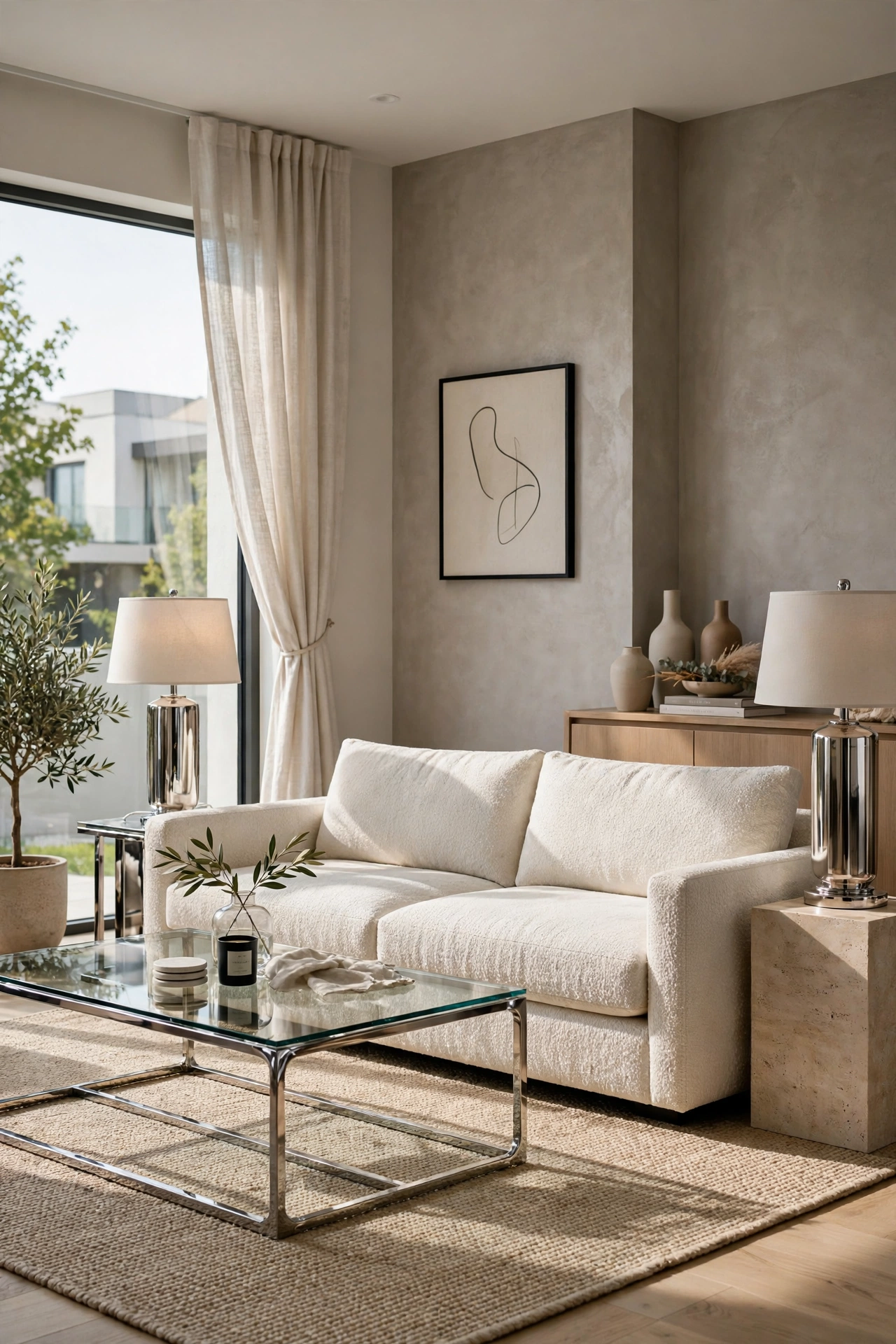 Modern living room with glass and metal accents