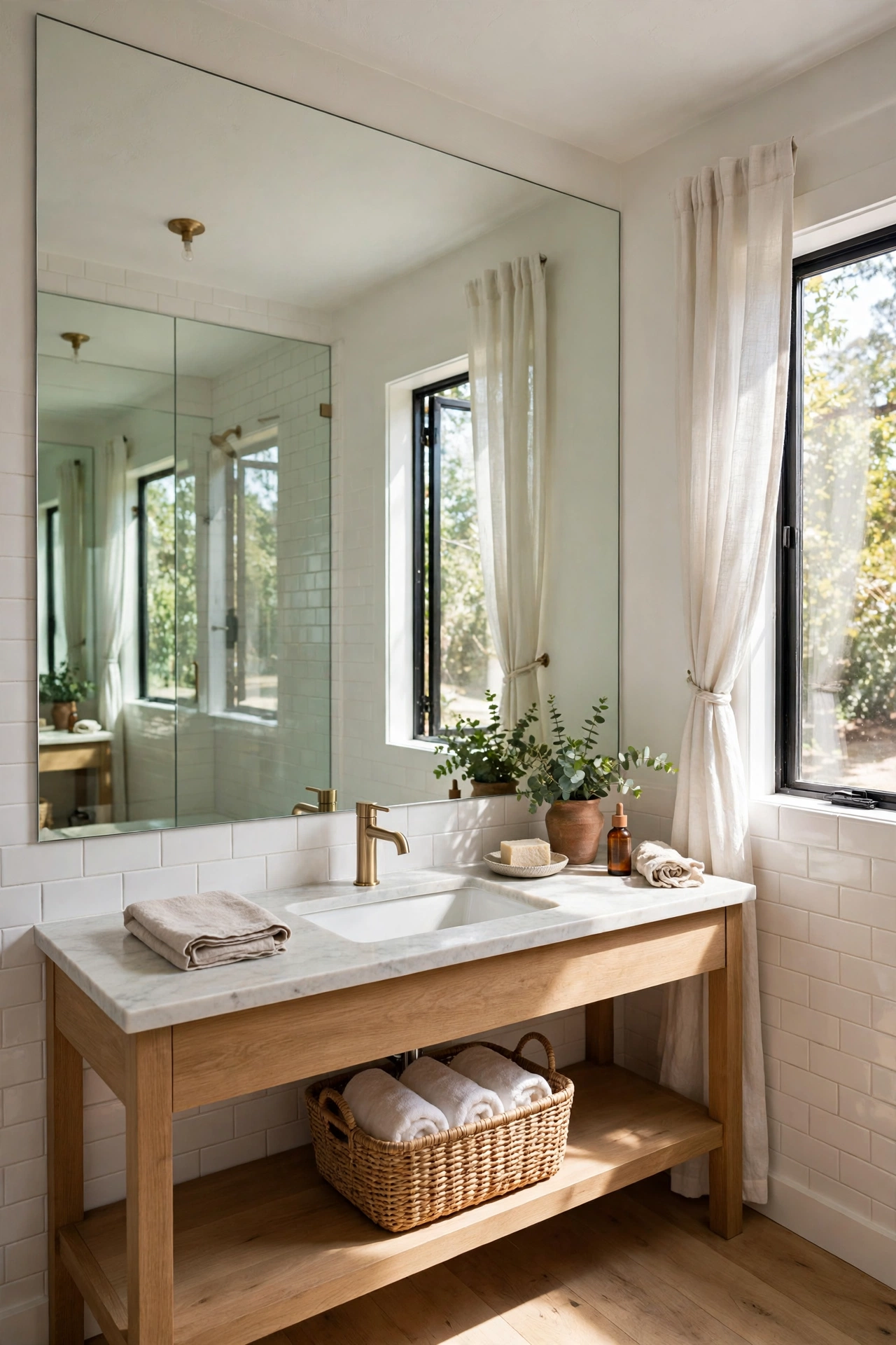 Small bathroom with a large mirror to double space