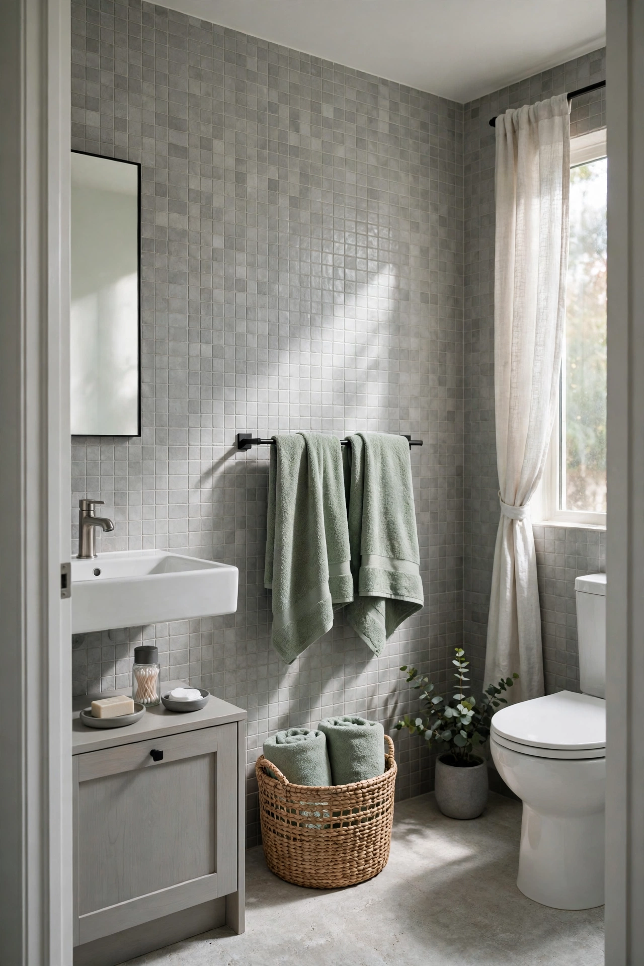 Small bathroom with a monochrome palette and one accent