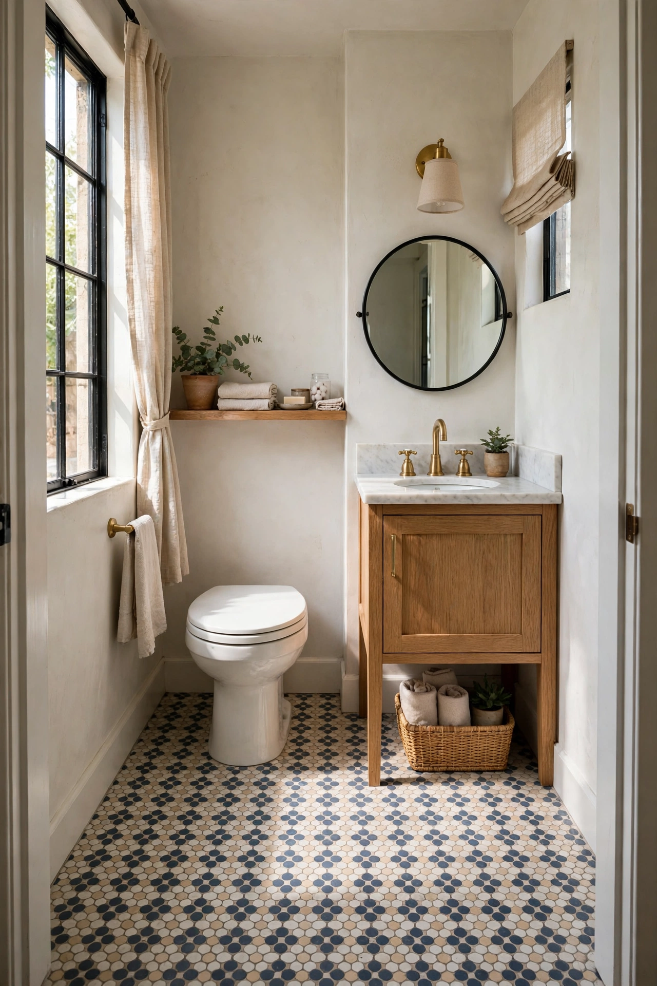 Small bathroom with small-scale patterned floor tiles