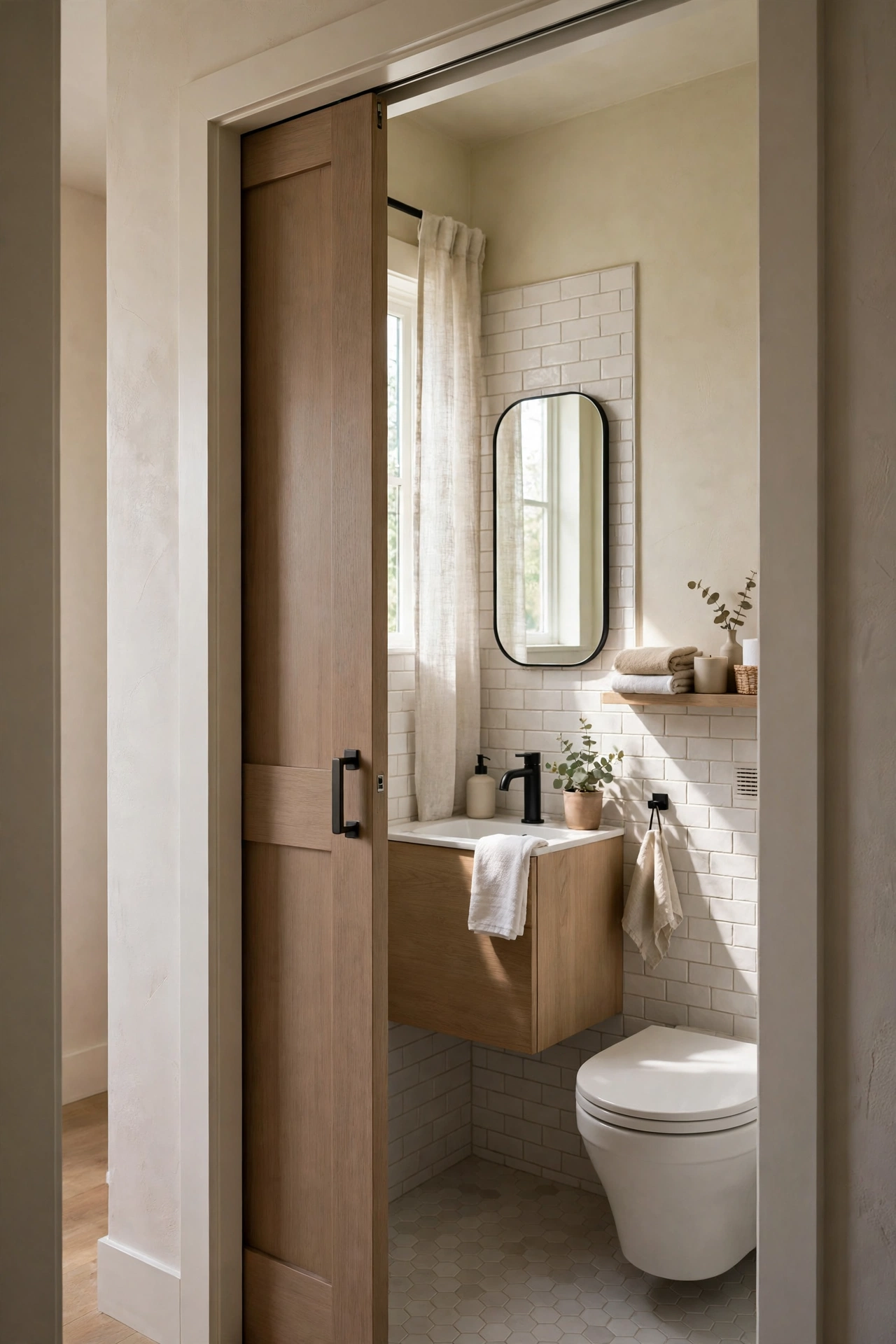 Small bathroom with a pocket door instead of swing door