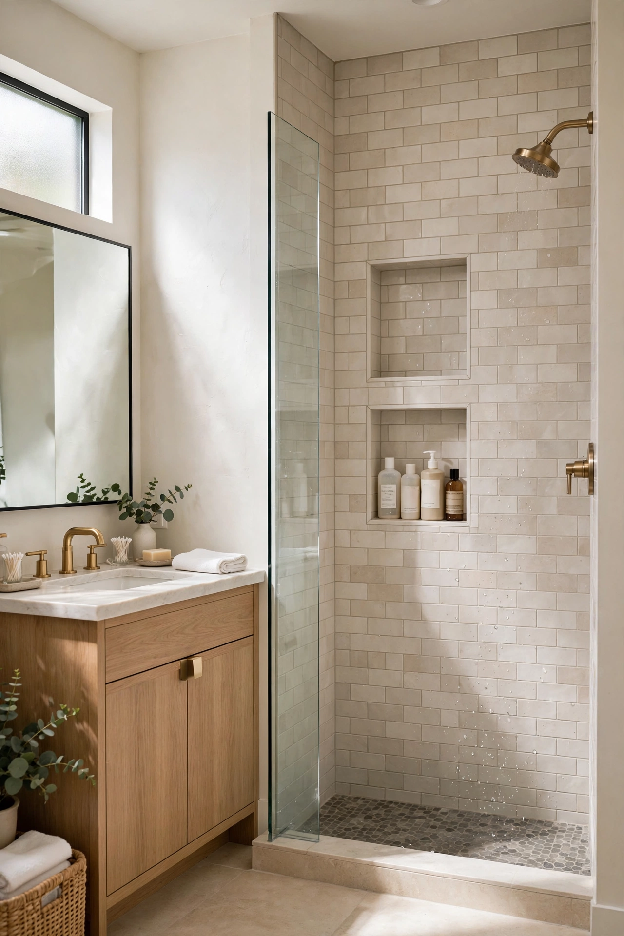 Small bathroom with recessed niches in the shower
