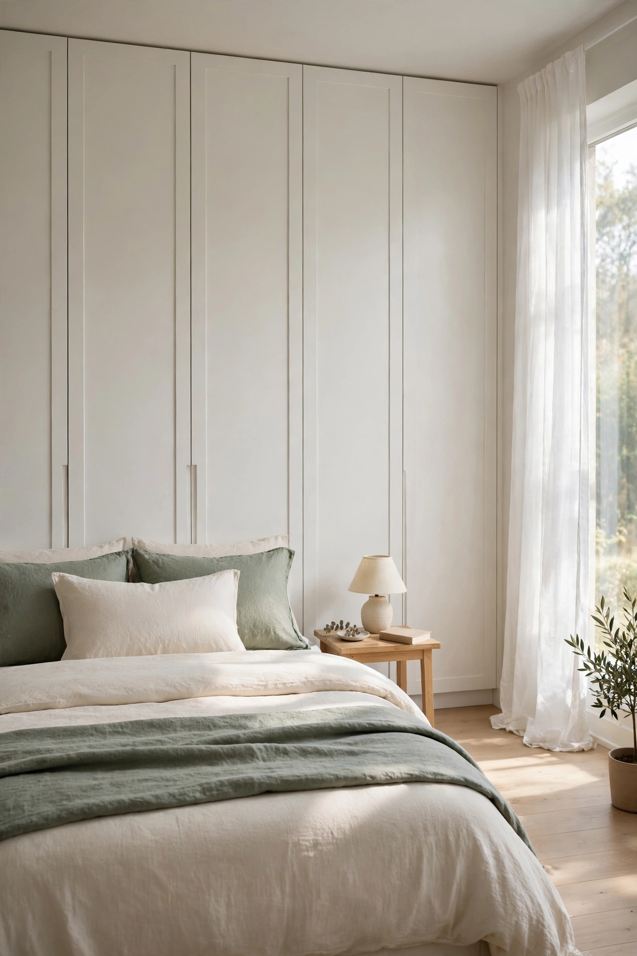 Small bedroom with built-in wardrobes reaching the ceiling