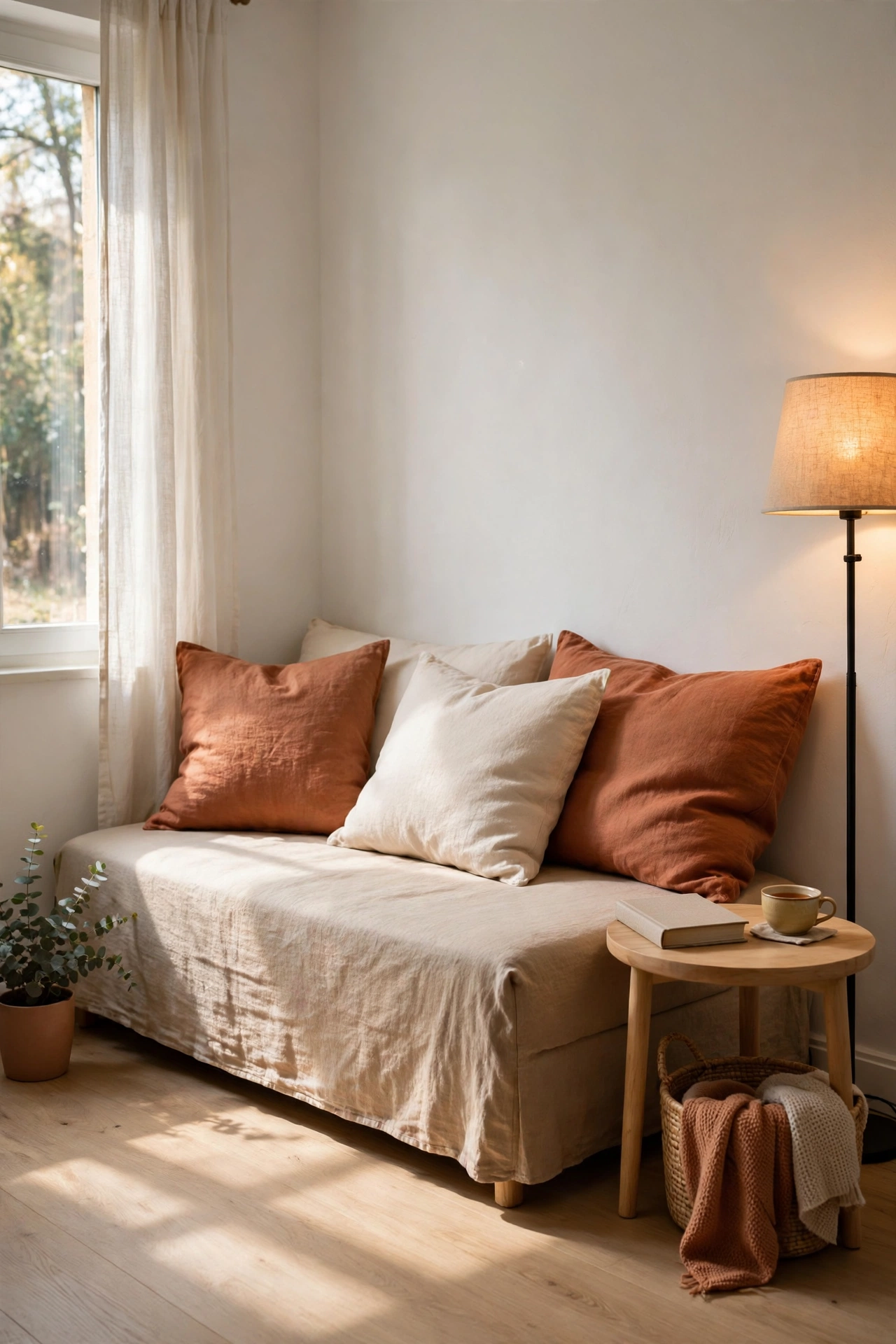 Small bedroom with a daybed styled as a sofa with cushions