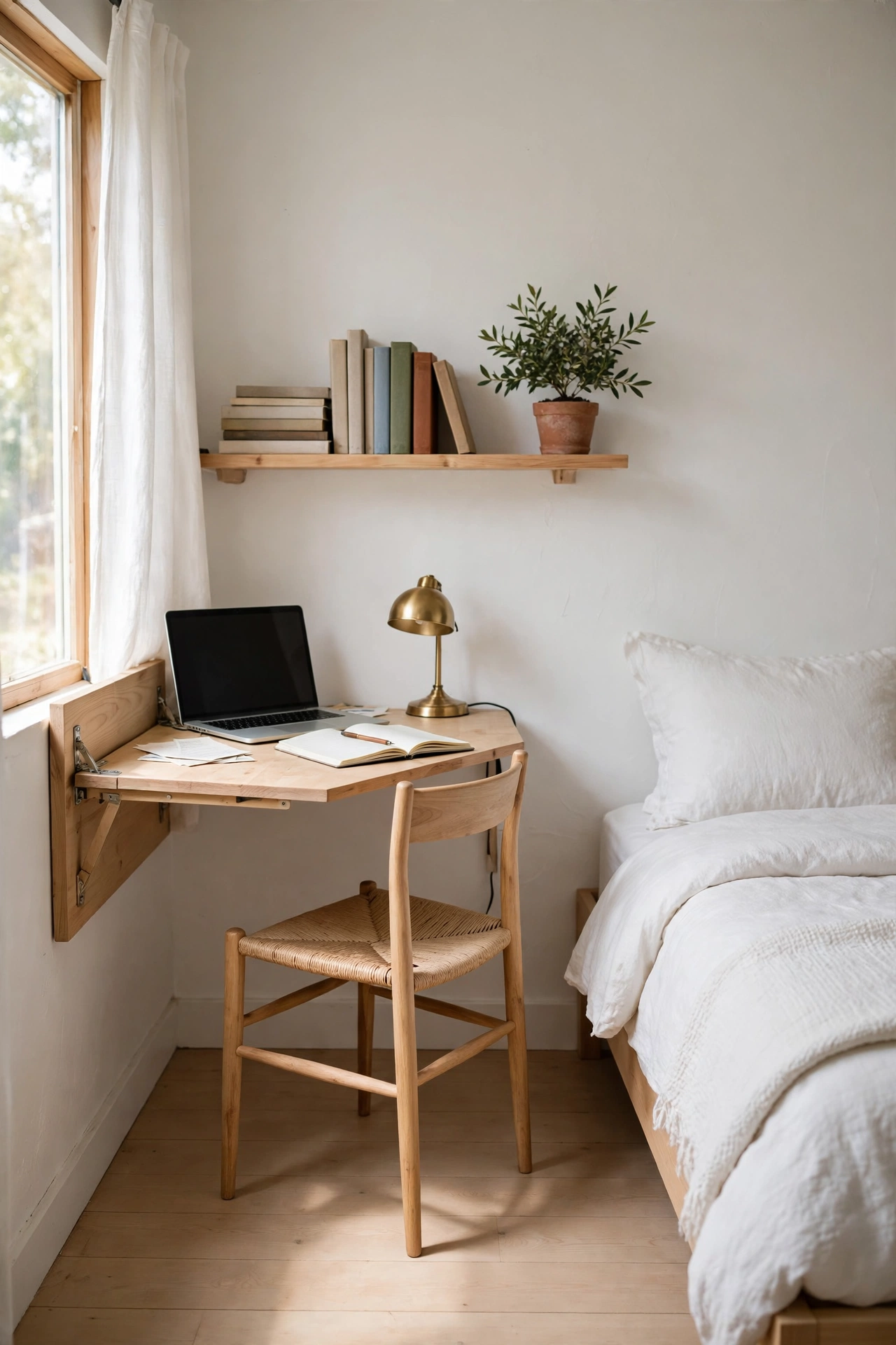Small bedroom with a fold-down wall-mounted desk workspace