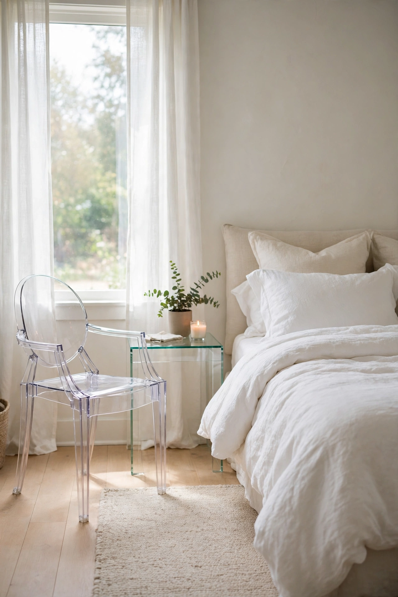 Small bedroom with glass and lucite furniture keeping the room airy