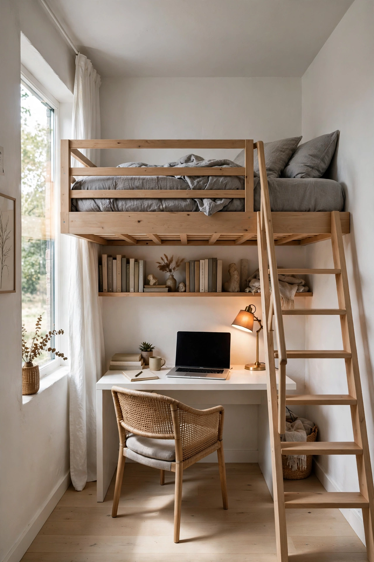 Small bedroom with a loft bed and a compact workspace underneath