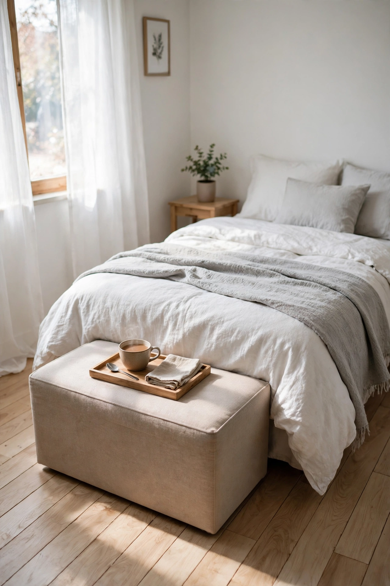 Small bedroom with a multipurpose storage ottoman at the foot of the bed