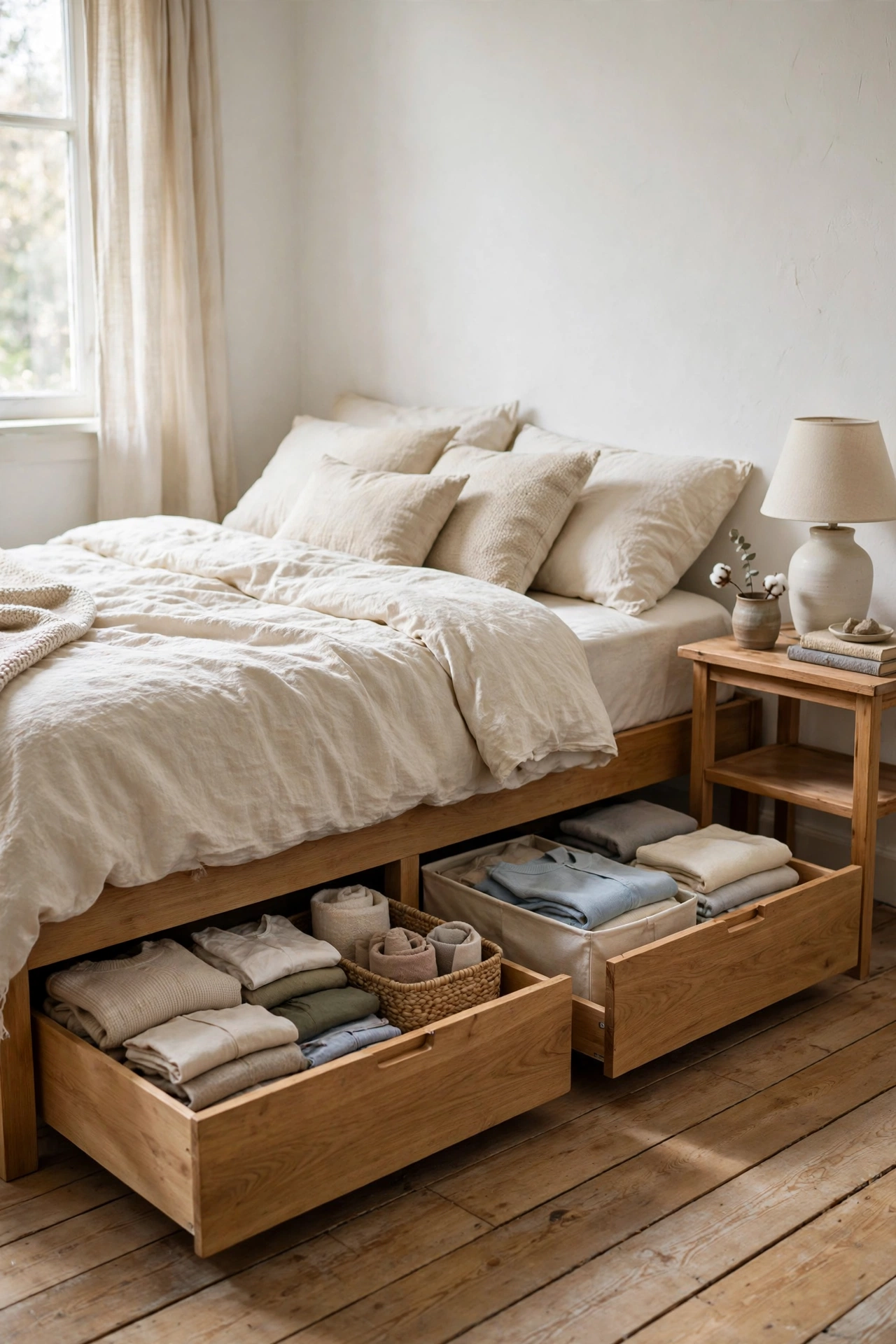 Small bedroom with under-bed storage drawers pulled open