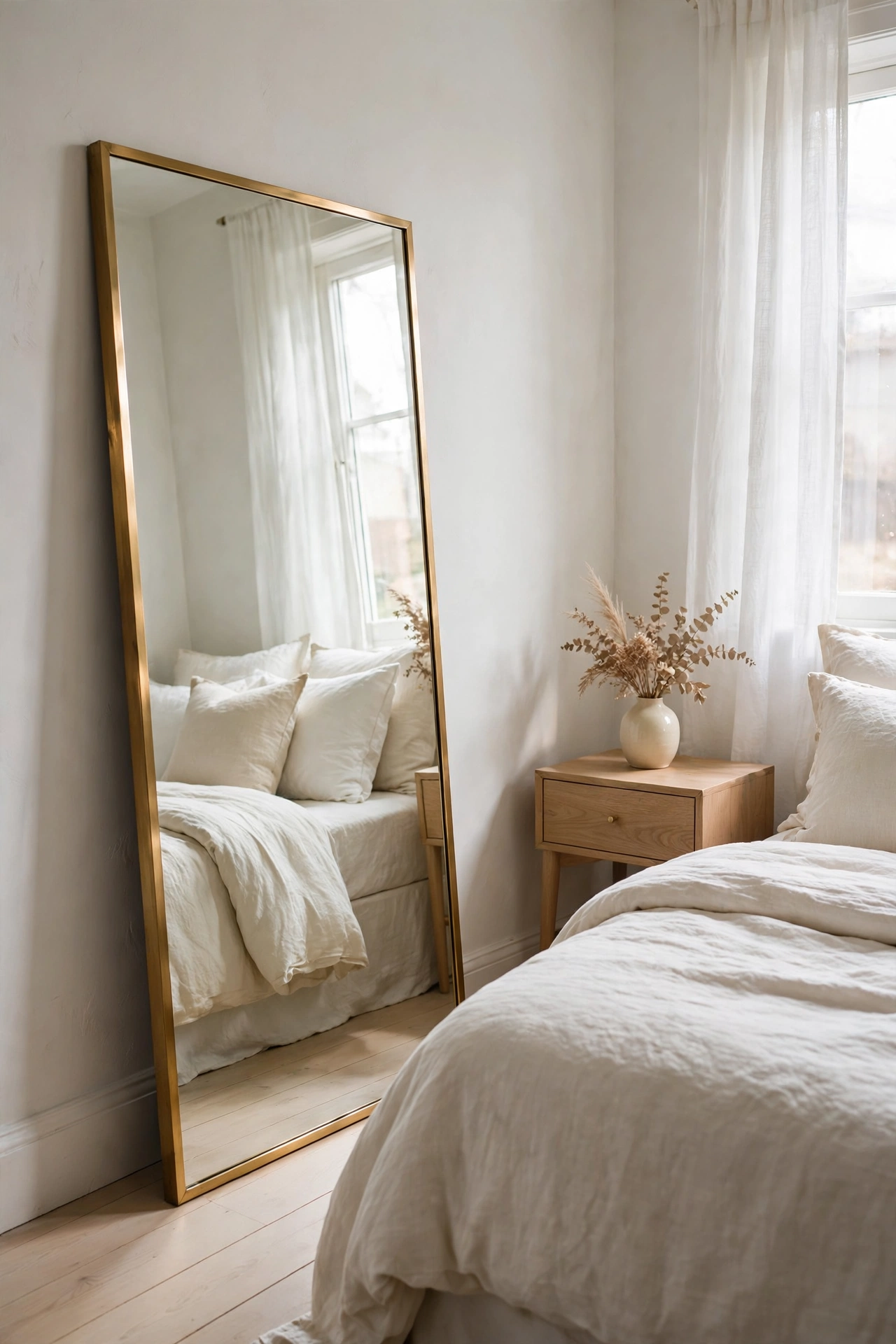 Small bedroom with soft white walls and a large statement mirror reflecting natural light