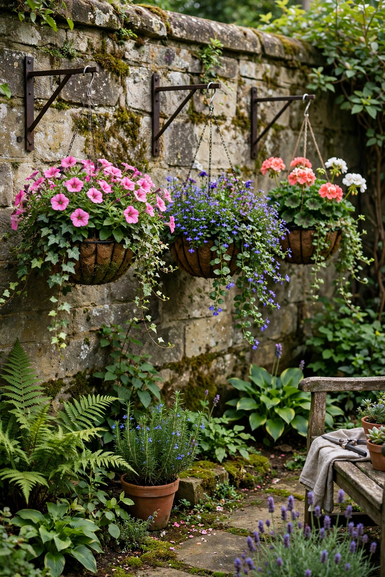 Small garden with hanging baskets