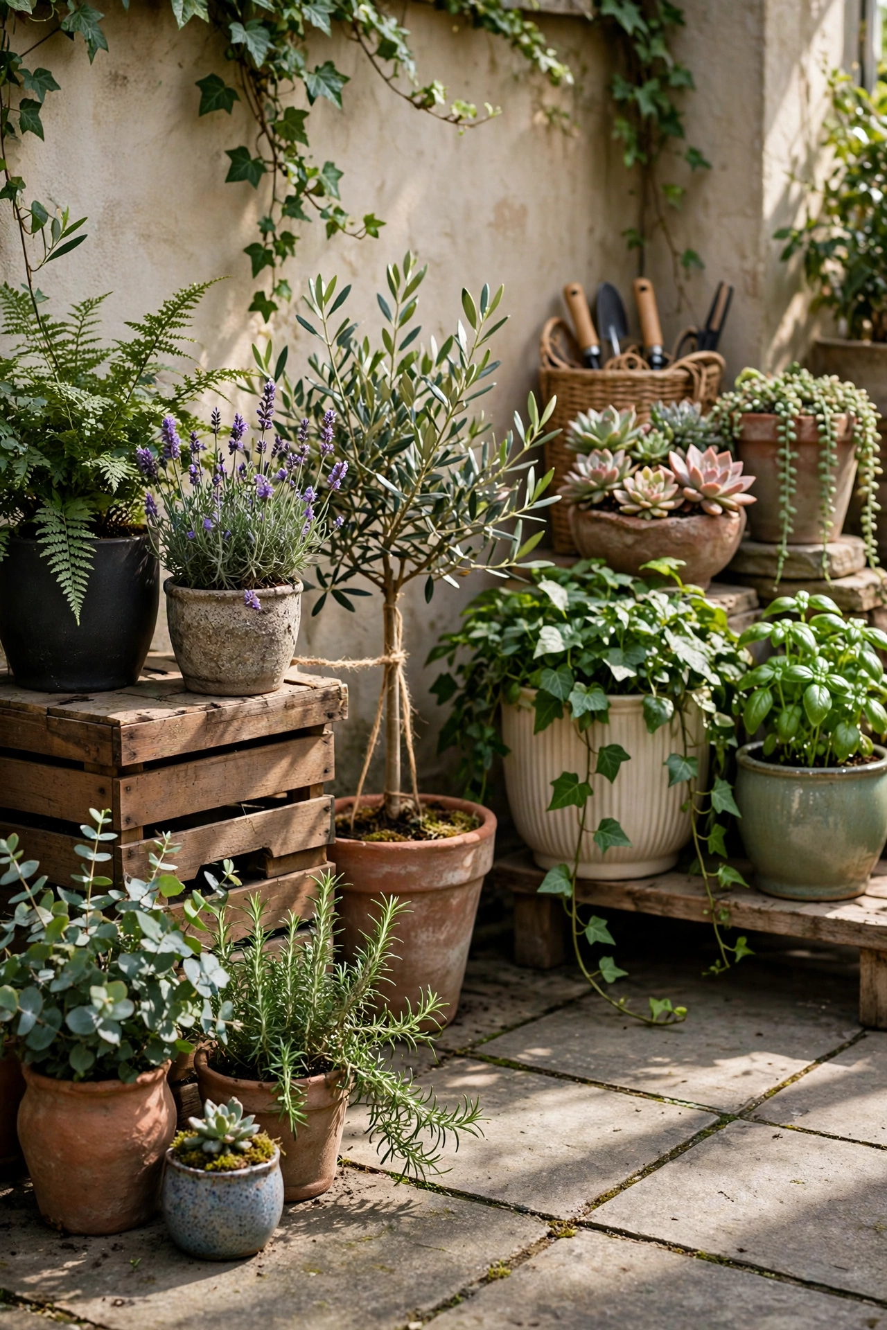 Small garden with clustered containers