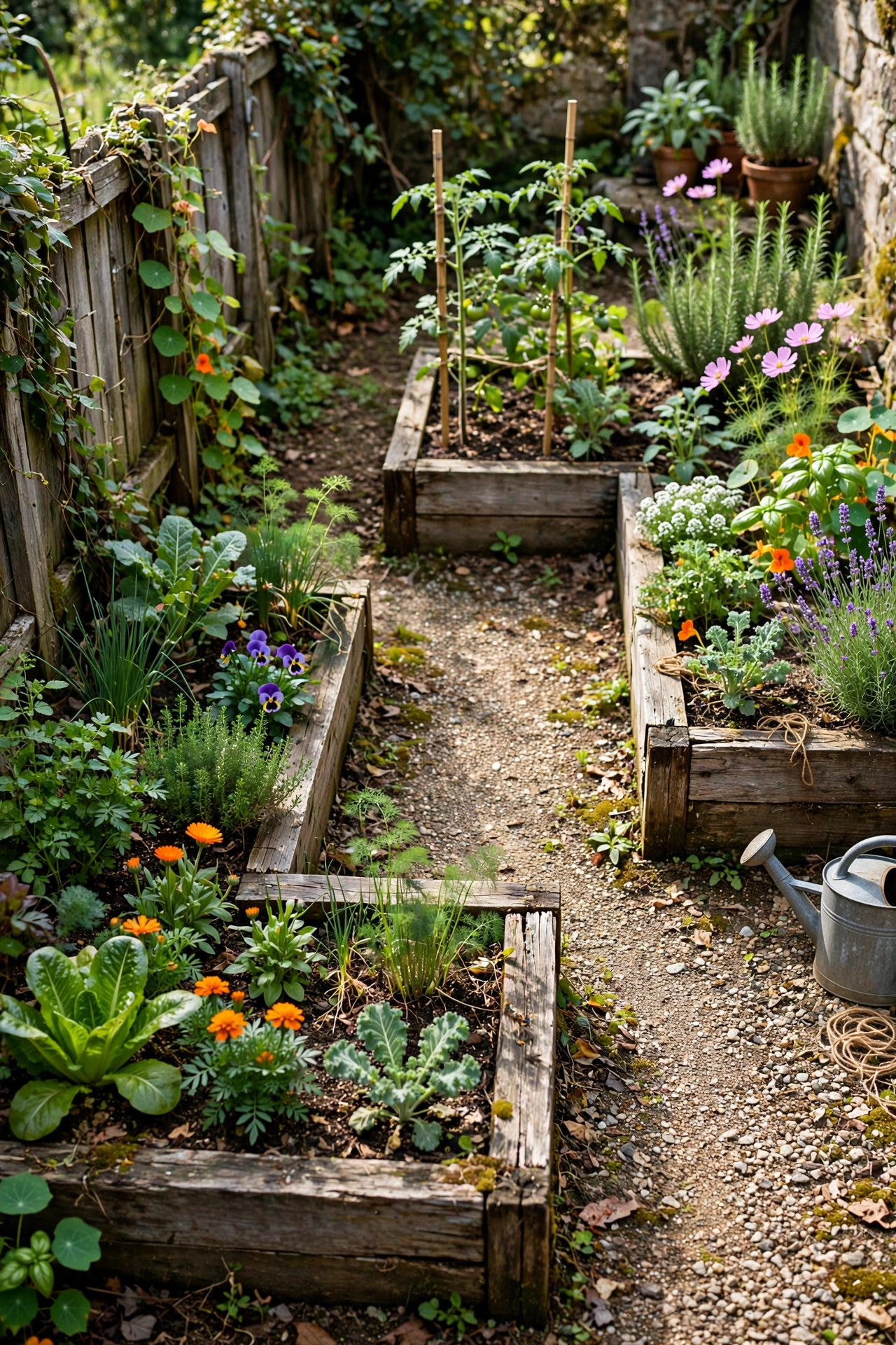 Small garden with raised bed corners