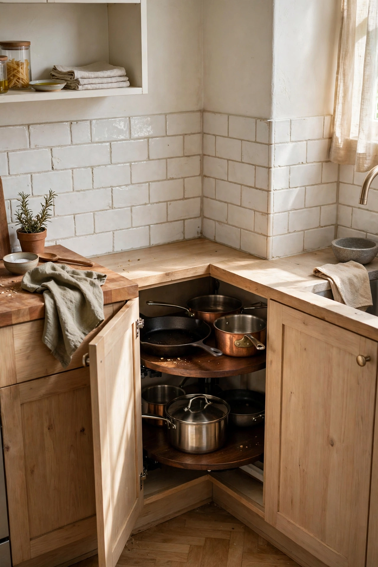 Small kitchen with corner storage solutions