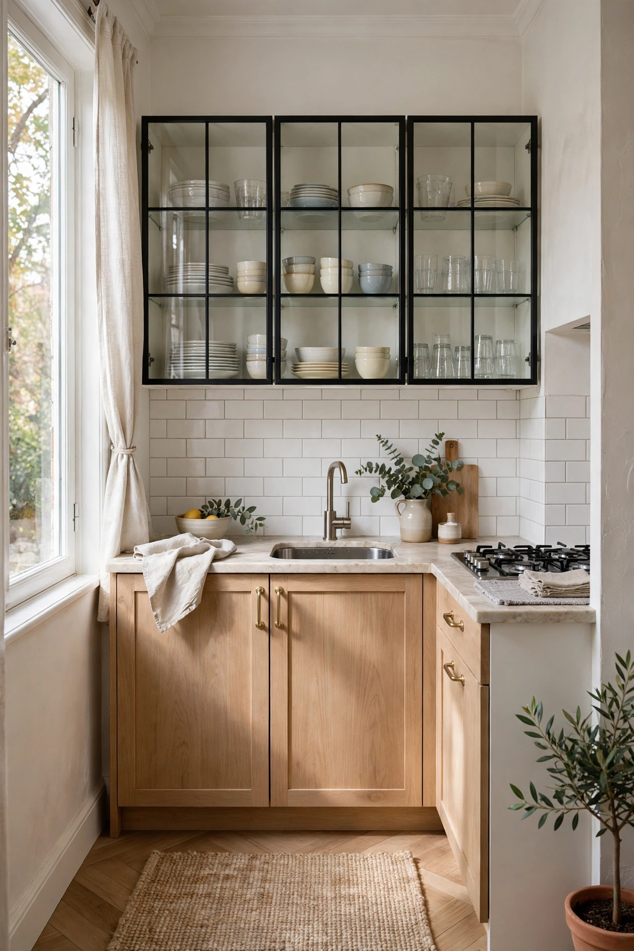 Small kitchen with glass cabinet doors