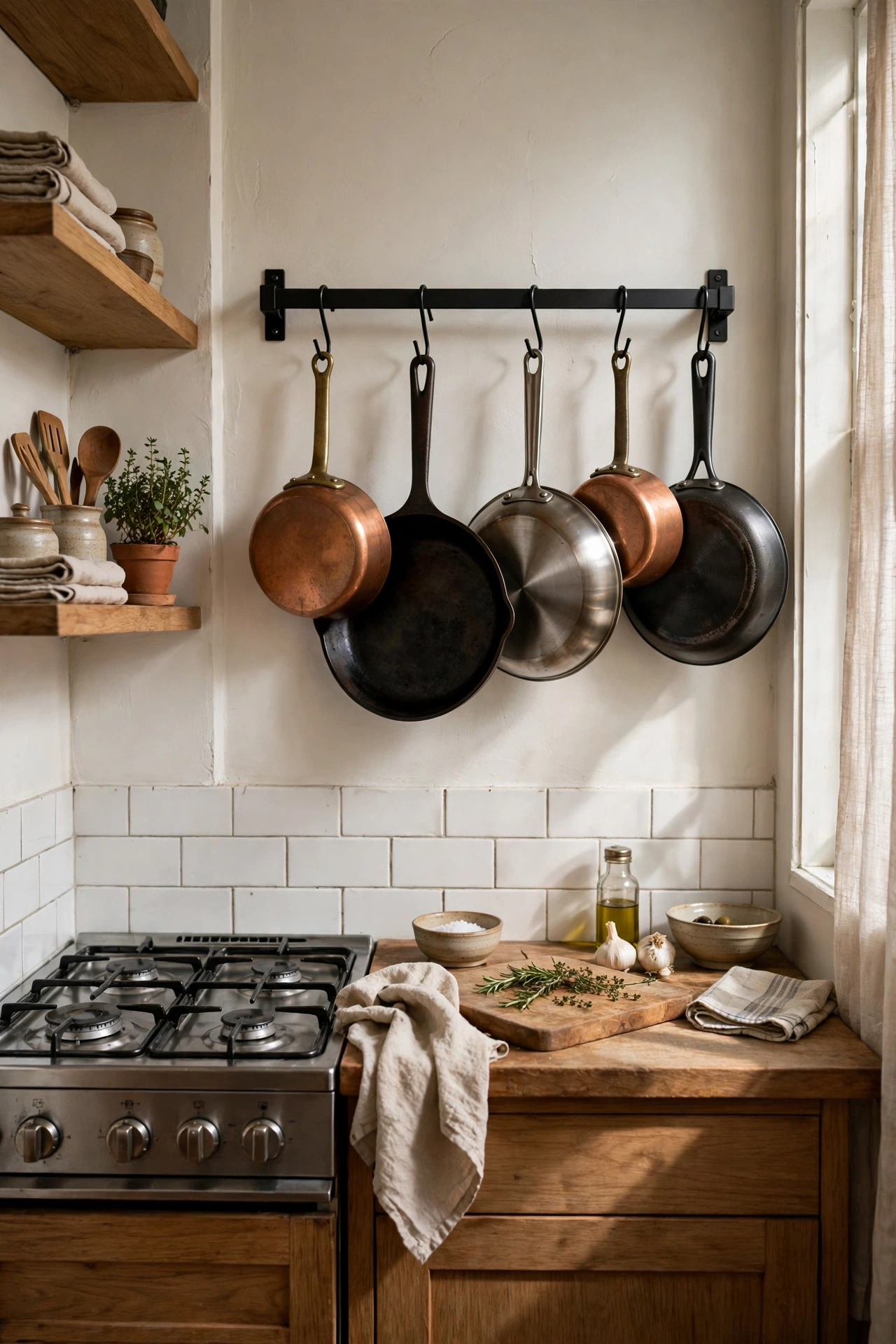Small kitchen with a wall-mounted pot rack