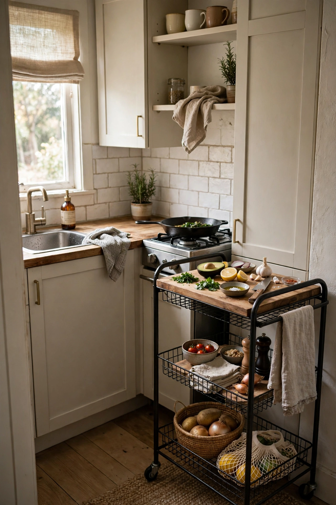 Small kitchen with a rolling cart