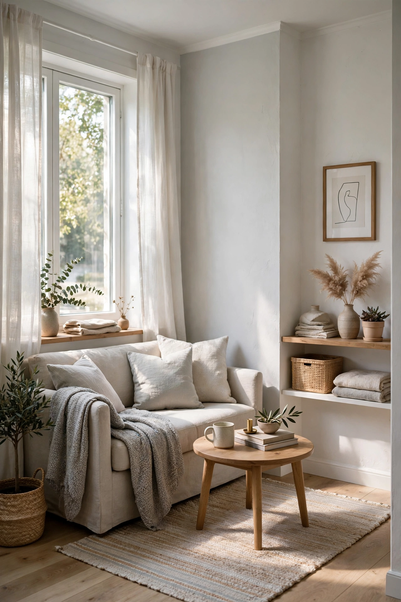 Small living room with light-colored walls